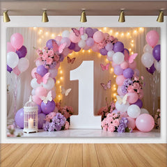 Lofaris Toile de Fond de Fête Numéro Un Floral Papillon et Ballons Rose Violet Blanc, Décoration de Célébration Premier Anniversaire
