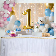 Lofaris Toile de Fond de Fête Premier Anniversaire Numéro Un Doré et Ours en Peluche, Décoration de Célébration Ballons Bleu Blanc