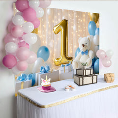 Lofaris Toile de Fond de Fête Premier Anniversaire Numéro Un Doré et Ours en Peluche, Décoration de Célébration Ballons Bleu Blanc