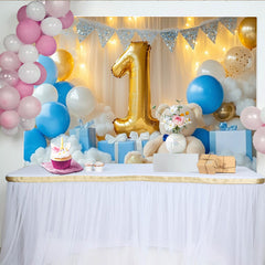 Lofaris Toile de Fond de F¨ºte Num¨¦ro Un Dor¨¦ Ours en Peluche, Ballons Bleu et Blanc pour Premier Anniversaire B¨¦b¨¦ Gar?on