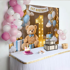 Lofaris Toile de Fond de Fête 1er Anniversaire Rêveuse Ballons Bleu et Blanc Numéro Un Doré avec Mignon Ours en Peluche, Célébration Festive