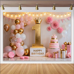 Lofaris Toile de Fond de Fête Élégante Premier Anniversaire Rose et Or, Présentant un Numéro Un Couronné et Ballons
