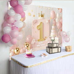 Lofaris Toile de Fond de F¨ºte Joyeux Premier Anniversaire Rose et Or avec Num¨¦ro Un Dor¨¦, Couronne et ¨¦l¨¦gante D¨¦coration Ballons pour Filles