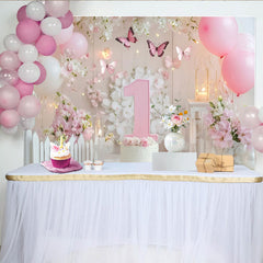 Lofaris Toile de Fond de F¨ºte Premier Anniversaire Rose et Blanc avec Papillons et Fleurs, ¨¦l¨¦gante D¨¦coration de C¨¦l¨¦bration B¨¦b¨¦ Fille