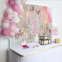 Lofaris Toile de Fond de F¨ºte Premier Anniversaire Rose et Blanc avec Papillons et Fleurs, ¨¦l¨¦gante D¨¦coration de C¨¦l¨¦bration B¨¦b¨¦ Fille