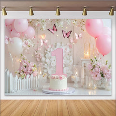 Lofaris Toile de Fond de F¨ºte Premier Anniversaire Rose et Blanc avec Papillons et Fleurs, ¨¦l¨¦gante D¨¦coration de C¨¦l¨¦bration B¨¦b¨¦ Fille