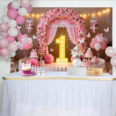 Lofaris Toile de Fond de Fête Premier Anniversaire Arche Florale Rose et Papillon, Décoration de Célébration 1er Anniversaire Bébé Fille