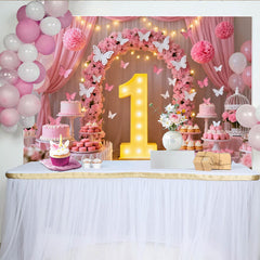 Lofaris Toile de Fond de Fête 1er Anniversaire Arche Florale Rose et Papillon, Célébration Bébé Fille, Décoration Table de Desserts
