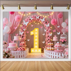 Lofaris Toile de Fond de Fête 1er Anniversaire Arche Florale Rose et Papillon, Célébration Bébé Fille, Décoration Table de Desserts