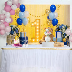Lofaris Toile de Fond de Fête Élégante Premier Anniversaire Ballons Bleu et Or, Numéro Un Chapiteau et Décoration Ours en Peluche