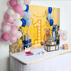 Lofaris Toile de Fond de Fête Élégante Premier Anniversaire Ballons Bleu et Or, Numéro Un Chapiteau et Décoration Ours en Peluche