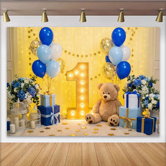 Lofaris Toile de Fond de Fête Élégante Premier Anniversaire Ballons Bleu et Or, Numéro Un Chapiteau et Décoration Ours en Peluche