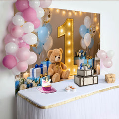 Lofaris Toile de Fond de F¨ºte Premier Anniversaire Mignon Ours en Peluche et Num¨¦ro Un Dor¨¦, D¨¦coration Photobooth Ballons Bleu et Blanc