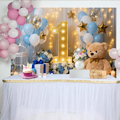 Lofaris Toile de Fond de Fête Premier Anniversaire Ballons Bleu Blanc et Or, avec un Ours en Peluche et Étoiles