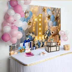 Lofaris Toile de Fond de Fête Premier Anniversaire Ballons Bleu Blanc et Or, avec un Ours en Peluche et Étoiles