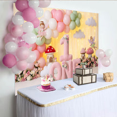 Lofaris Toile de Fond de F¨ºte Premier Anniversaire Jardin F¨¦¨¦rique Rose et Vert Menthe, Maisons Champignons Fantaisistes et Ballons