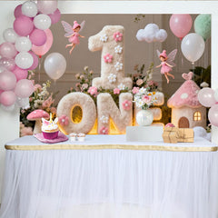 Lofaris Toile de Fond de F¨ºte Premier Anniversaire ONE Duveteux Rose et Blanc, Th¨¨me Jardin F¨¦¨¦rique Enchant¨¦ avec Ballons et Champignons