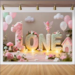 Lofaris Toile de Fond de F¨ºte Premier Anniversaire Jardin F¨¦¨¦rique Enchant¨¦, Lettres ONE Pastel Duveteuses avec Fleurs et Ballons
