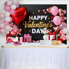 Lofaris Toile de Fond de Fête Bonne Saint-Valentin Noir Or avec Cœurs Rouges Roses, Roses et Cadeaux