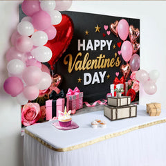 Lofaris Toile de Fond de Fête Bonne Saint-Valentin Noir Or avec Cœurs Rouges Roses, Roses et Cadeaux