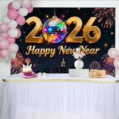 Lofaris Toile de Fond de Fête Dorée Bonne Année 2026 avec Boule à Facettes et Feux d'Artifice, Réveillon du Nouvel An