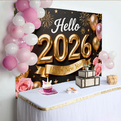 Lofaris Toile de Fond de F¨ºte Noir et Or Bonjour 2026 Bonne Ann¨¦e avec Roses Roses, Ballons et Feux d'Artifice