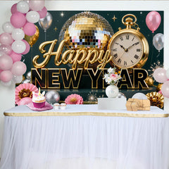 Lofaris Toile de Fond de F¨ºte Bonne Ann¨¦e Or et Argent avec Boule ¨¤ Facettes, Horloge et Ballons pour C¨¦l¨¦bration Festive
