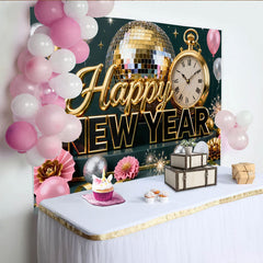 Lofaris Toile de Fond de F¨ºte Bonne Ann¨¦e Or et Argent avec Boule ¨¤ Facettes, Horloge et Ballons pour C¨¦l¨¦bration Festive
