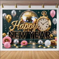 Lofaris Toile de Fond de F¨ºte Bonne Ann¨¦e Or et Argent avec Boule ¨¤ Facettes, Horloge et Ballons pour C¨¦l¨¦bration Festive