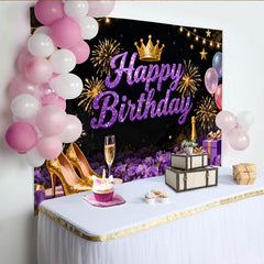 Lofaris Toile de Fond de Fête Joyeux Anniversaire Violet Pailleté avec Couronne et Feux d'Artifice, Élégante Décoration