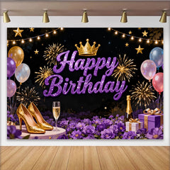 Lofaris Toile de Fond de Fête Joyeux Anniversaire Violet Pailleté avec Couronne et Feux d'Artifice, Élégante Décoration