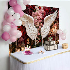 Lofaris Toile de Fond de F¨ºte Florale ¨¦l¨¦gantes Ailes d'Ange Blanches et Roses Rouges Roses, D¨¦coration Romantique C¨¦l¨¦bration Fian?ailles Mariage