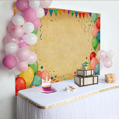 Lofaris Toile de Fond de Fête Vibrante Ballons et Fanions, Confettis Marron Vintage pour Célébration d'Anniversaire