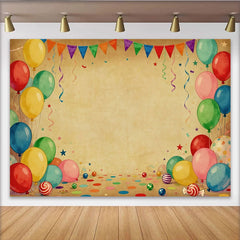 Lofaris Toile de Fond de Fête Vibrante Ballons et Fanions, Confettis Marron Vintage pour Célébration d'Anniversaire