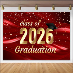 Lofaris Toile de Fond de Fête Élégante Diplômés Rouge et Or Classe 2026, avec un Chapeau et Confettis Étincelants
