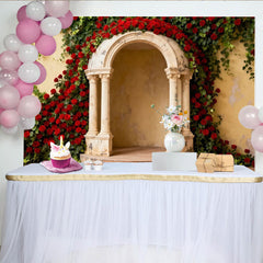 Lofaris Toile de Fond de F¨ºte ¨¦l¨¦gante Arche en Pierre Roses Rouges et Lierre Vert, Photobooth Romantique Mariage Fian?ailles