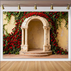Lofaris Toile de Fond de F¨ºte ¨¦l¨¦gante Arche en Pierre Roses Rouges et Lierre Vert, Photobooth Romantique Mariage Fian?ailles
