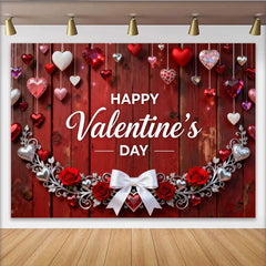 Lofaris Toile de Fond de Fête Bois Rouge Bonne Saint-Valentin, Cœurs Suspendus Romantiques, Roses et Guirlande Argentée