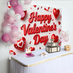 Lofaris Toile de Fond de F¨ºte Bonne Saint-Valentin 3D Rouge avec C?urs, Ballons et Confettis pour C¨¦l¨¦bration Romantique