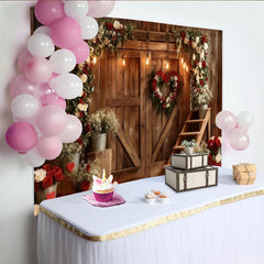 Lofaris Toile de Fond de F¨ºte Porte de Grange en Bois Rustique Couronne de C?ur Roses Rouges et Blanches, D¨¦coration Mariage Anniversaire Saint-Valentin