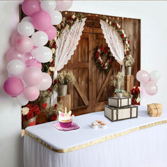 Lofaris Toile de Fond de Fête Porte de Grange en Bois Rustique, Arche Florale Roses Rouges et Blanches avec Rideaux en Dentelle