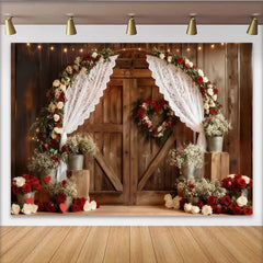 Lofaris Toile de Fond de Fête Porte de Grange en Bois Rustique, Arche Florale Roses Rouges et Blanches avec Rideaux en Dentelle