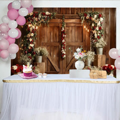 Lofaris Toile de Fond de Fête Porte de Grange en Bois Rustique, Photographie de Mariage Arche Florale Roses Rouges et Blanches