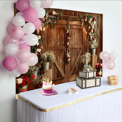 Lofaris Toile de Fond de Fête Porte de Grange en Bois Rustique, Photographie de Mariage Arche Florale Roses Rouges et Blanches