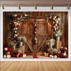 Lofaris Toile de Fond de Fête Porte de Grange en Bois Rustique, Photographie de Mariage Arche Florale Roses Rouges et Blanches
