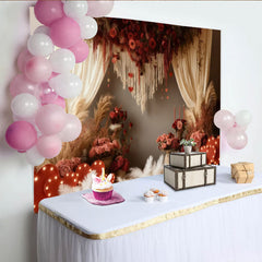 Lofaris Toile de Fond de Fête Boho Roses Rouges et Cœurs avec Herbe de la Pampa, Élégante Décoration Photo Mariage Saint-Valentin