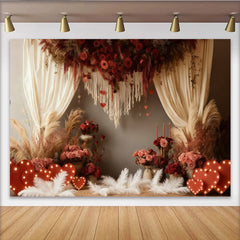 Lofaris Toile de Fond de Fête Boho Roses Rouges et Cœurs avec Herbe de la Pampa, Élégante Décoration Photo Mariage Saint-Valentin