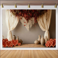Lofaris Toile de Fond de F¨ºte Rustique Macram¨¦ Roses Rouges et C?urs avec Rideaux Cr¨¨me, pour Mariage Saint-Valentin