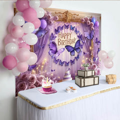 Lofaris Toile de Fond de Fête Élégante Joyeux Anniversaire Papillon Violet, Décoration Rêveuse Roses et Ballons Lavande