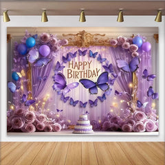 Lofaris Toile de Fond de F¨ºte ¨¦l¨¦gante Joyeux Anniversaire Papillon Violet, D¨¦coration R¨ºveuse Roses et Ballons Lavande